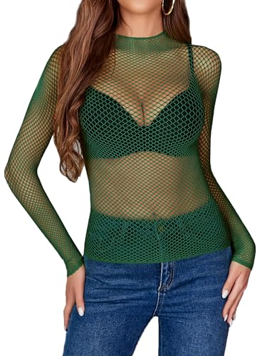 Image of Avidlove Women's Sexy Fishnet Mesh Long Sleeve Tops Mock Neck Sheer Lace See-Through Blouse Bodycon Clubwear Party Tops