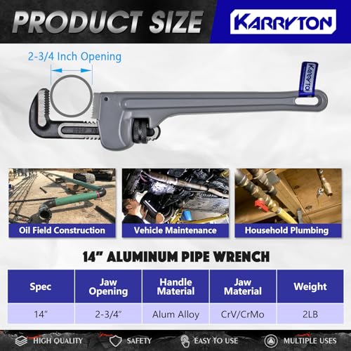 Image of 14 Inch Aluminum Pipe Wrench, 2-3 /4 inch /70mm Adjustable Cr-Mo Jaw Opening Heavy Duty Aluminum Straight Handle Plumbing Wrenches, Perfect Plumbers Tool Exceed GGG Standard