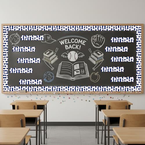 Image of BeYumi Baseball Sport Border Trim - 65ft Back to School Baseball Sport Blue White Stripe Scalloped Rolled Border Trim Ball Sports Theme Bulletin Board Set Party School Classroom Chalkboard Wall Decor