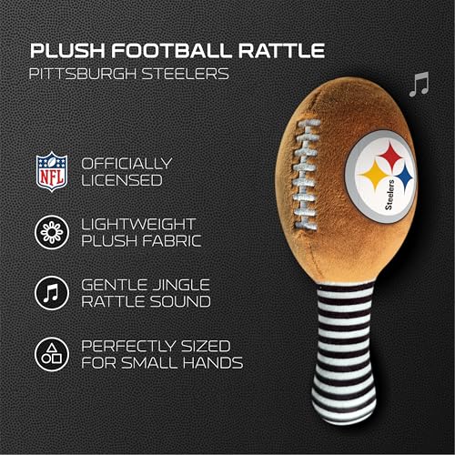 Image of Pittsburgh Steelers Plush Football Rattle by Smilo - Officially Licensed NFL Baby Rattle Toy - Soft Baby Rattle with Bell - for Babies and Toddlers from 3 Months