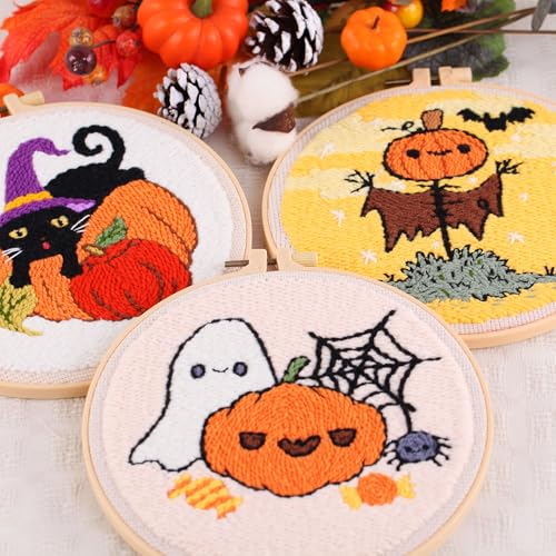 Image of Harimauu Harimau 3P Punch Needle Embroidery Starter Kits for Beginner Kids,Punch Needle Fabric with Pattern,Threader, Yarns,Pinch Needle, Embroidery Hoops & Rug Punch (Yellow)