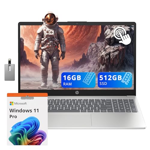 Image of HP 15.6 inch HD Touchscreen Business Laptop, Intel i3-1215U, 16GB DDR4 RAM, 512GB PCIe SSD, Intel UHD Graphics, Numeric Keypad, 720p HD Camera, Windows 11 Pro, Silver, 32GB Hotface USB Card