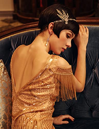 Babeyond Art Deco 1920'S Flapper Great Gatsby Inspired Leaf Medallion Pearl Headpiece Headband Gold #TOP2