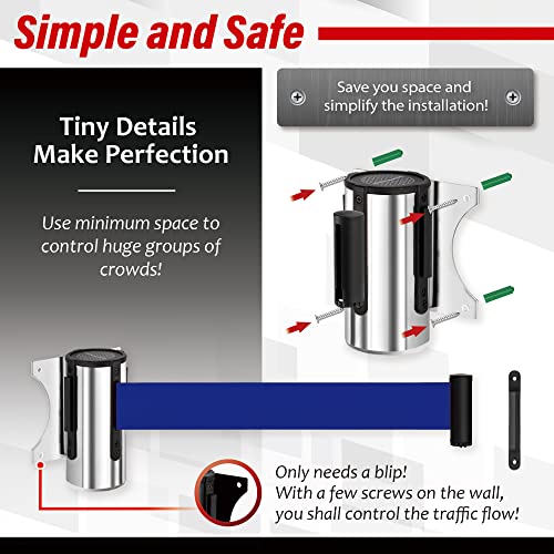 DuraSteel Wall Mount Crowd Control Retractable Belt Barrier - 9.2 Ft Blue Retractables Barrier Belt w/Stainless Steel Casing - Do Not Enter Crowd Control Barriers NOT Stanchions with Retractable Belts