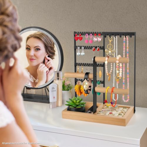 Godboat Jewelry Holder Organizer, 4-Tier Earring Holder with 48 Holes, 6 Hooks Necklace Holder, Removable Bracelet Holder, Gifts for Women, Mom, Mothers Day, Cool Preppy Stuff and Room Decor, Black — view 2