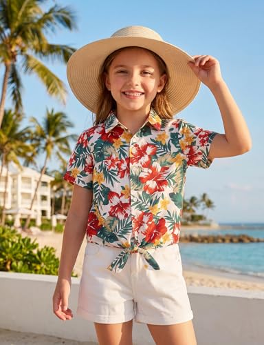 Image of Noomelfish Girls Tie Front Hawaiian Shirt Summer Floral Tropic Short Sleeve Button Down Tops (5-14 Years)
