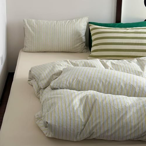 Image of MKXI French Stripe Duvet Cover Set King - 3 Piece Vintage Aesthetic Bedding, 100% Washed Cotton, Yellow & White Vertical Stripes, Zipper Closure & Corner Ties, Modern Farmhouse Style