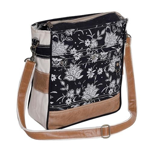 Image of CLA Bags SEL de MER Upcycled Olive Green Blossom Print Canvas & Leather Shoulder Bag, Canvas Crossbody Bags for Women