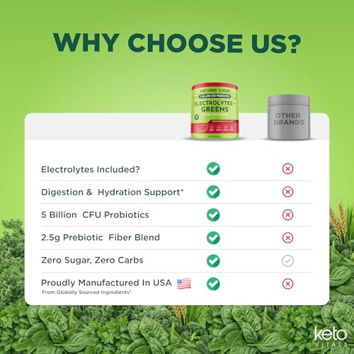 Image of Keto Vitals Greens Powder Plus Electrolytes - Daily Super Greens Powder with Superfoods - Green Drink with Sugar Free Electrolytes for Hydration, Gut Health & Digestion, Watermelon Candy - 30 Servings