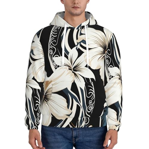 Men's Fleece Pullover Hoodie Long Sleeve Hooded Black and white hawaiian flowers Sweatshirt Casual Shirts With Pockets Small2