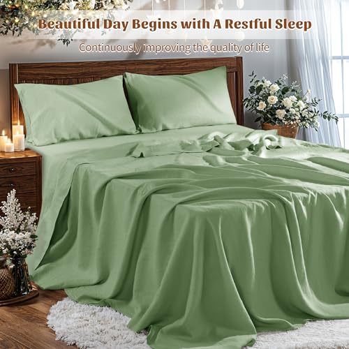 Image of 100% Pure Linen Sheet Set 4pcs Natural Linen Sheets Queen Size, Moisture-Wicking Bedding Set Up to 16 inch Deep Pocket (Green Queen)