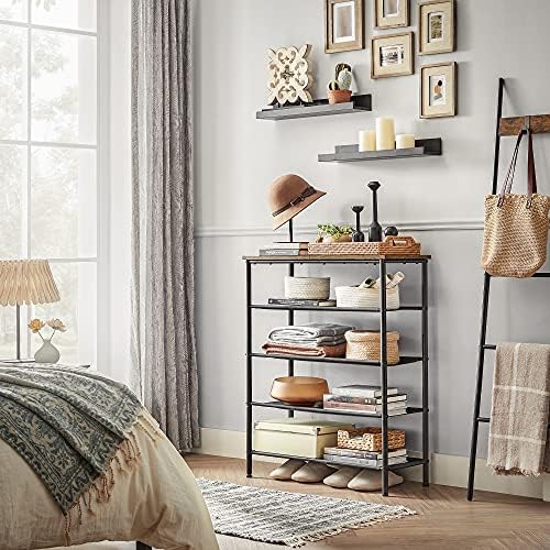 VASAGLE Shoe Rack 5 Tier, Shoe Storage Organiser Narrow, with 4 Fabric Shelves and Top for Bags, Steel Frame, for Entryway, Closet, Industrial, Rustic Brown and Black LBS036B01