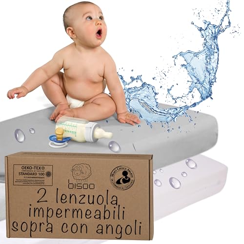 Bisoo Lenzuola 70x160 per Lettino Bambini - Lenzuolo Coprimaterasso Impermeabile Con Angoli 100% Jersey OEKO-TEX Compatibili Letto Ikea - Set Lenzuola Impermeabili Bianche e Grigie 70 x 160 cm