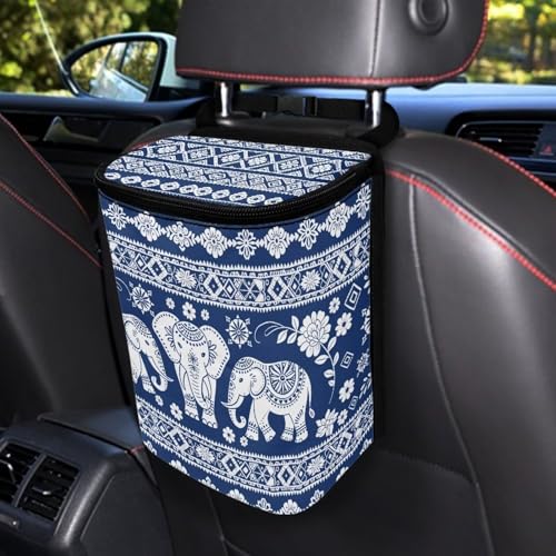 Image of Talayituse Boho Mandala Elephant Print Car Trash Can with Lid, Leak Proof Auto Trash Bag Hanging Vehicle Garbage Can Multipurpose Storage Container for Back Seat Road Trip