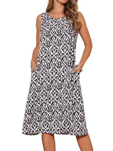 Image of Seta T Women's Summer Dresses Beach Casual Sleeveless Sundress Crewneck Print Loose Midi Tank Dress with Pockets