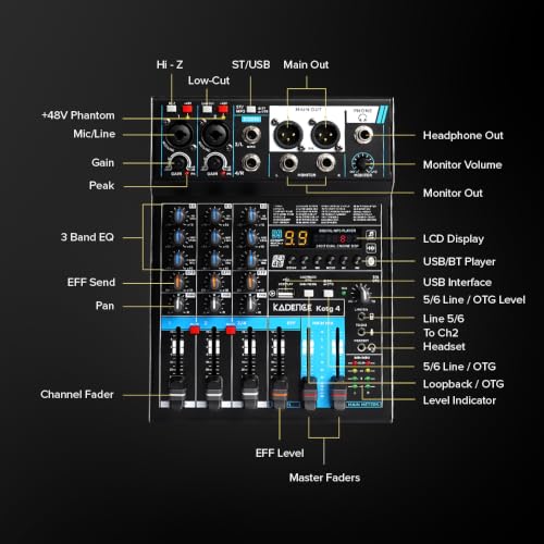 Image of Kadence KOTG-4 4 Channel Audio Mixer with OTG Recording | Podcast, Streaming & Live Sound Mixer | 192kHz /24-Bit USB Audio Interface | USB /BT Playback | 99 DSP Effects with Faders | Black