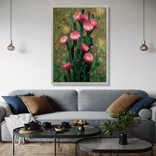 Impression botanique cactus vert fleurs roses décoration florale désert