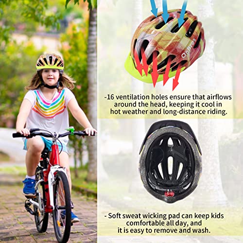 Onbros Bike Helmet Kids- Safety Certified Children's Helmet With High-Density Eps Foam Padding, Led Tail Light, Sun Visor, And Adjustable Size With 16 Ventilation Holes (Orange) #TOP3