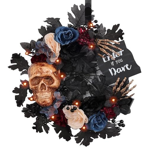 Jusdreen Halloween Wreath Decoration, 19 Inch Halloween Wreath for Front Door with Lights, Skeleton Head Wreath with Flowers for Wall Home Decor