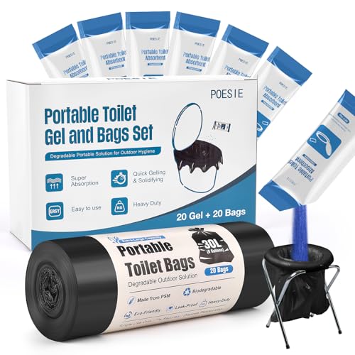 Poesie Absorbent Gel Toilet Bags Set, 8 Gallon Compostable Portable Toilet Bags with Camping Gel, Camping Toilet Bags and Gel Set for RV, Hiking, Emergency 20 Gels and 20 Bags