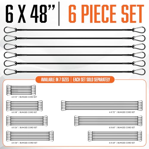 Image of Bungee Cords with Carabiner Hooks 48 Inch - 6Pcs Heavy Duty Outdoor | 6 pack of 48 inch heavy duty bungee cords with locking carabiner hooks, UV and weather resistant for cargo and outdoor use