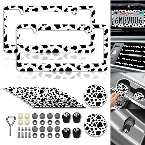 DGDRHZ Cow Print License Plate 18 Pcs car Accessories Cow Print License Plate Cover Car Tag Frames for Women or Men Compatible All Vehicle License Plate Tag Cover Fit Accessories Included (18Pcs)