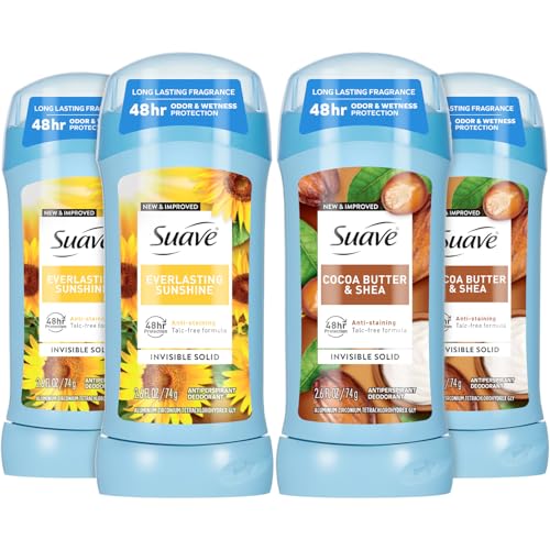 Suave Antiperspirant Deodorant for Women Variety 4-Pack Cocoa Butter & Shea + Everlasting Sunshine Anti-Staining Invisible Solid Talc-Free 2.7 Oz Each
