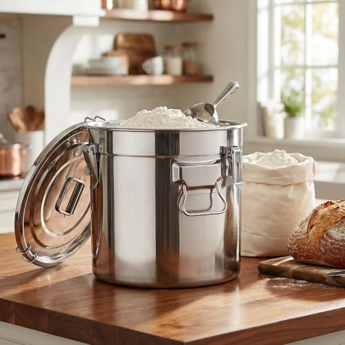 QWORK 5.5 Gallon 304 Stainless Steel Airtight Container, 21L 710oz Metal Storage Bin with Locking Lid & Side Handles, Heavy Duty Canister for Pet Food, Rice, Flour by QWORK - Used condition - Image 3