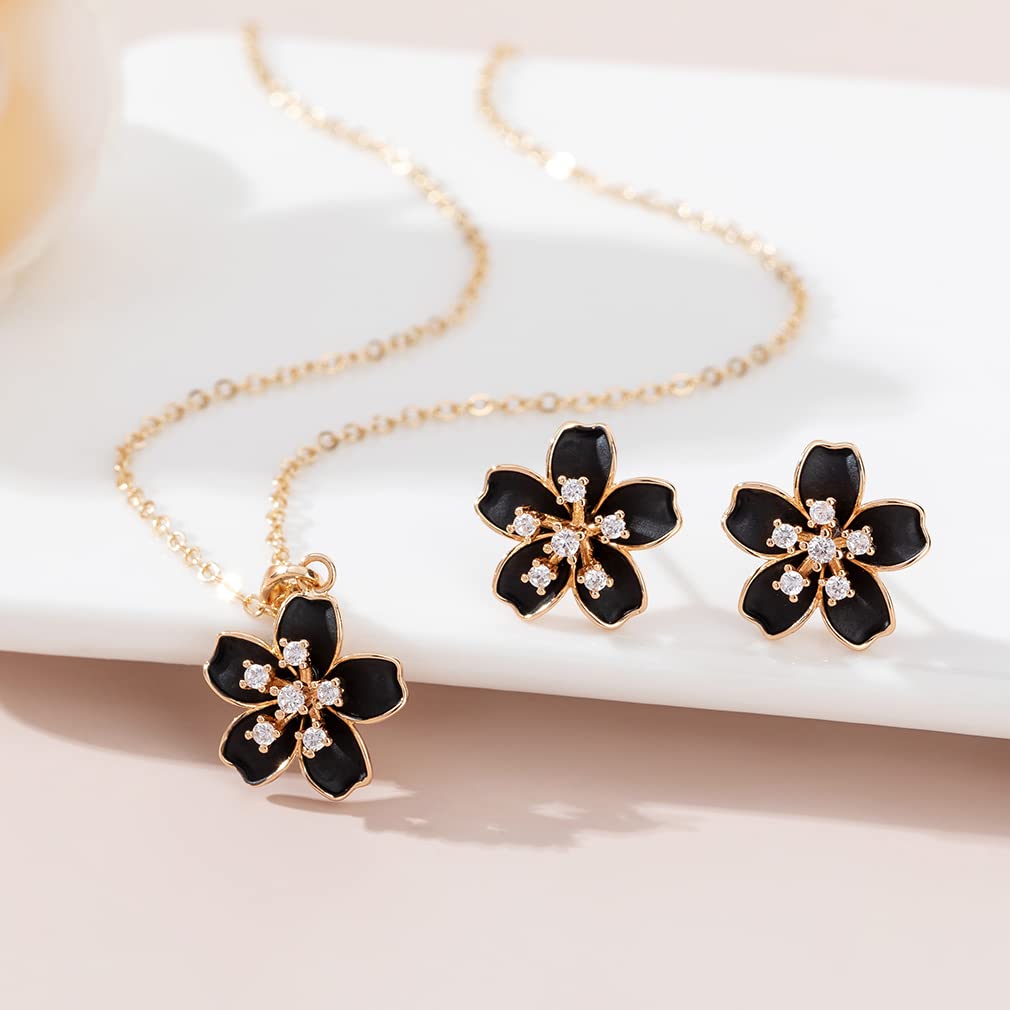 EVEVIC Cherry Blossom Flower Necklace Earrings Set for Women 18K Gold Plated Hypoallergenic Jewelry Sets (Black) - Image 3
