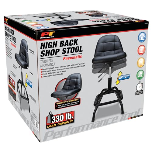 Performance Tool W85031 Pneumatic High Back Adjustable Swivel Bar Stool with Back Support for Home, Bar, and Shop, Black, 26-32-Inches High