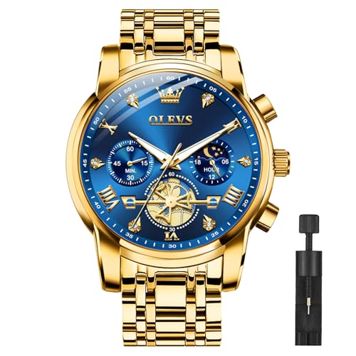Olevs Gold Watches For Men Mens Gold Watch Big Face Watch For Men Luxury Watches For Man Blue Business Stainless Steel Dress Analog Quartz Chronograph Moon Phase Luminous Waterproof Easy To Read Reloj De Hombre