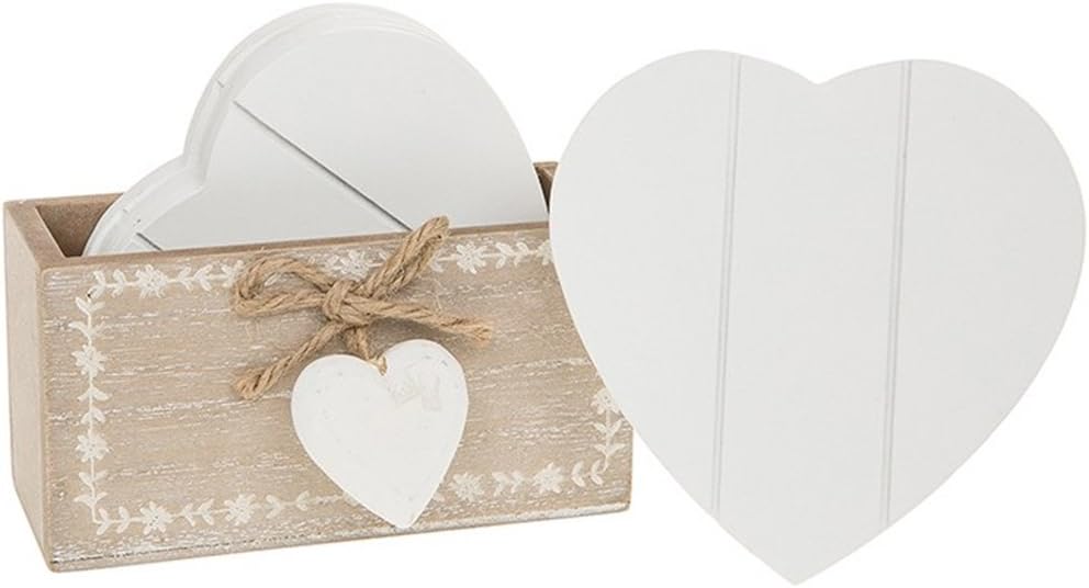 Gorgeous Shabby Chic Fleur Di Lis Provence Wooden Heart Country Style Coaster Set in Stand with 6 Coasters - Natural / White