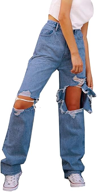 Amazon.com: Lamuusaa mujeres pantalones vaqueros de cintura alta rasgados  novio pantalones vaqueros moda recta pantalones de mezclilla estiramiento  Streetwear : Ropa, Zapatos y Joyería