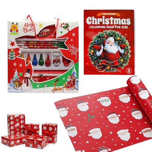 Image of Kidology 3-Pcs. Christmas Gift Pack for Kids - Colouring Book, Stationery Kit & Festive Gift Wrap | Fun Santa-Themed Holiday Activity Set with Random Designs