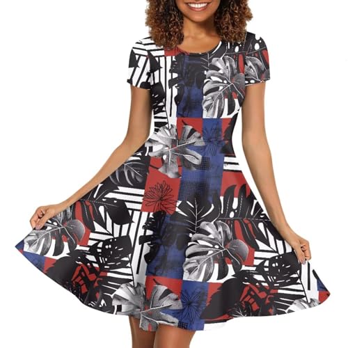 Image of HUGS IDEA Womens Puffy Swing Midi Dress Round Neck Short Sleeve Party A-Line Dresses