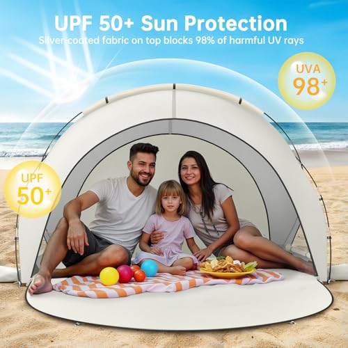 Image of Raynesys Beach Tent Sun Shelter for Sand Camping Fishing, 1-3 Person, Beige | Beach Shade Tent with UPF50+ UV Protection, Portable Sun Shelter, Shade Tents with 2 Zippered Doors