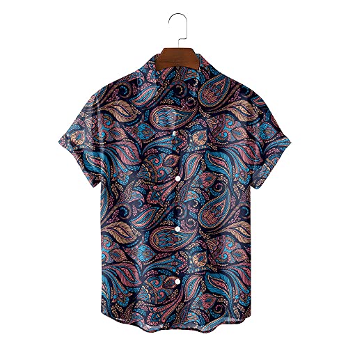Chemise hawaïenne homme bleu manches courtes style ethnique t-shirt été décontracté
