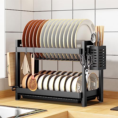 MAISITOO Scolapiatti Nero, Scolapiatti 2 Ripiani, Scolapiatti da Lavello in Acciaio Inox, Scolapiatti da Appoggio per Lavello, Scolapiatti con Vassoi di Scarico, Scaffale per Tagliere e Portaposate - 7