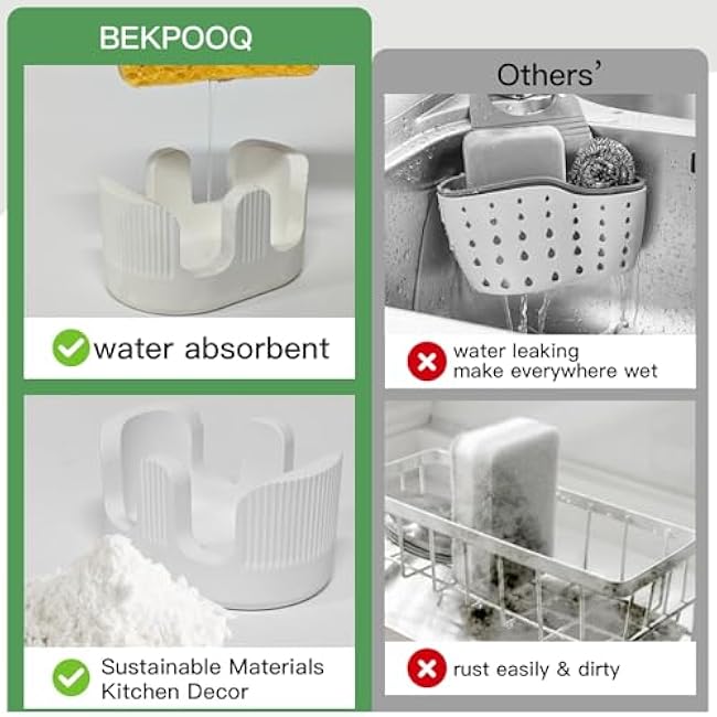 Ultra Absorbent Stone Sponge Holder for Kitchen Sink, 2 Slot Diatomite Dish Brush Sponge Holder, Diatomite Stone Sink Tray, Rustproof Sinks Caddy for Countertop, Double, White