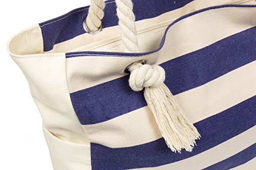 Malirona Large Beach Travel Tote Bag Canvas Shoulder Bag With Cotton Rope Handle (Blue Stripes) #TOP4