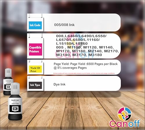 Image of CANOFF 127ml Black Refill Ink Bottle Compatible with 005 /008 Ink Tank M1100, M1120, M1140, M1170 L6460 /L6490 /L6550 /L6570 Printers | High Yield, Smudge-Free Printing (005 /008 Ink Black 2pc. x 127ml)