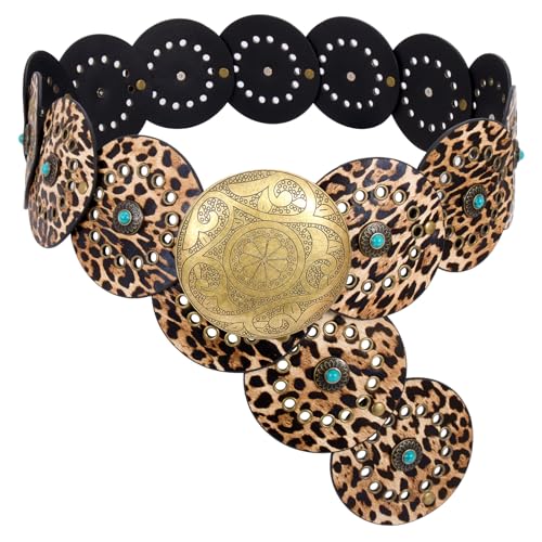 Image of XZQTIVE Western PU Leather Belts for Woman Concho Cowgirl Cowboy Disc Belt for Ladies Wide Boho Country Waist Belts for Dress