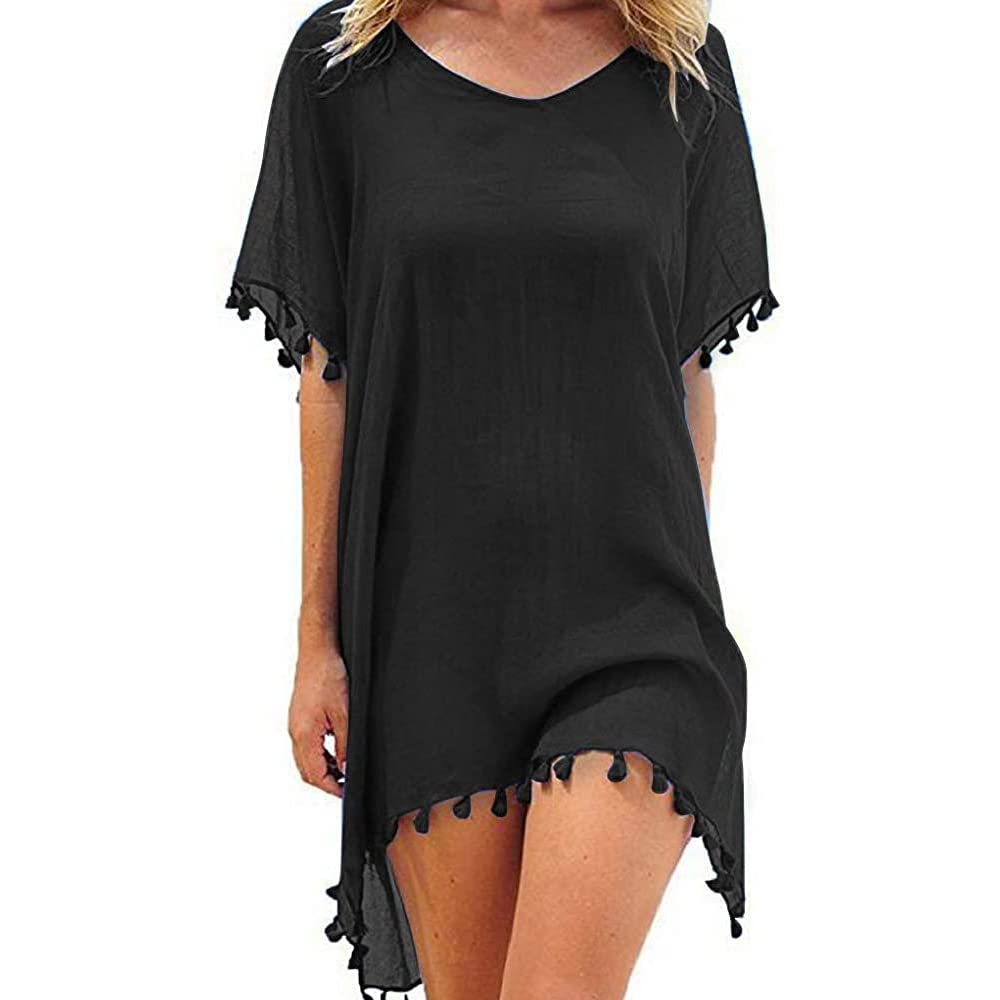 FFWTPYMujer Suelto Vestido de Playa V Cuello Gasa Camisolas y Pareos con Borla Ropa de Baño de Playa Transparente Bikini Cover Up