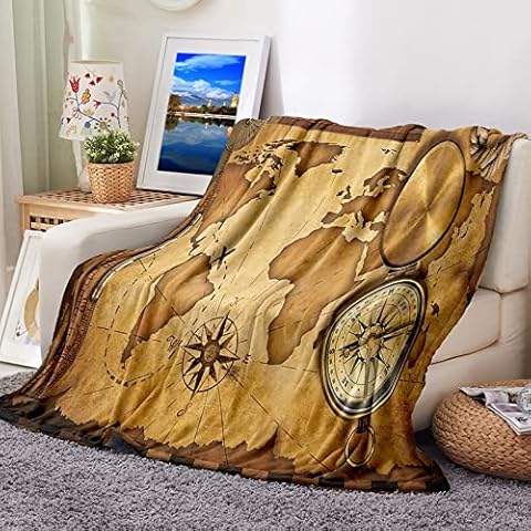 Blankets for Beds Winter, Flannel Blanket Brown Map and Compass Blanket for Office Travelling Camping 60''X78'' Cover