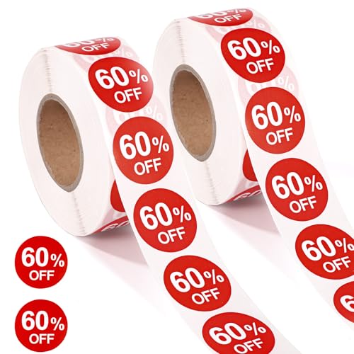 Tinoaly 2000uds Pegatinas Descuento 60%, Etiquetas Promocionales Redondas 2,5cm con 60 Por Ciento Descuento Marcadores Precio Autoadhesivos Etiquetas Venta Rebajadas para Tiendas Minoristas (Rojo)