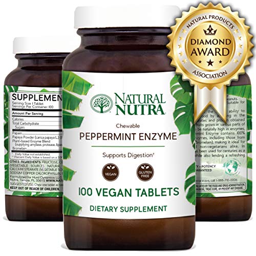 Natural Nutra Chewable Peppermint Digestive Enzyme Supplement, Plant Based, Papaya (Papain), Amylase, Pineapple