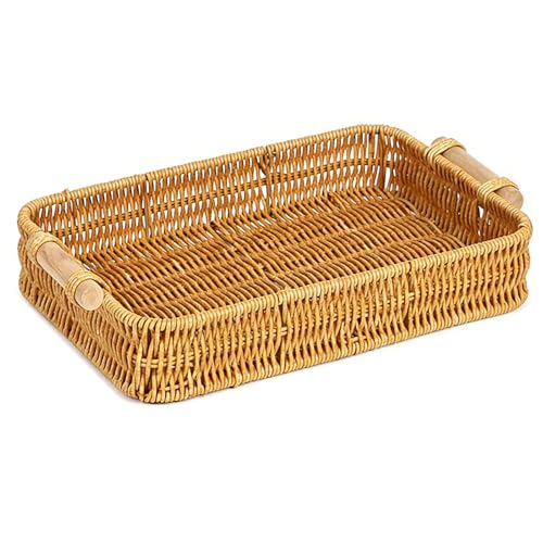 Plateau Rectangulaire en Rotin avec Poignées – Plateau de Service Tressé, Corbeille à Pain, Panier Décoratif Vintage pour Pain, Fruits, Café, Thé et...