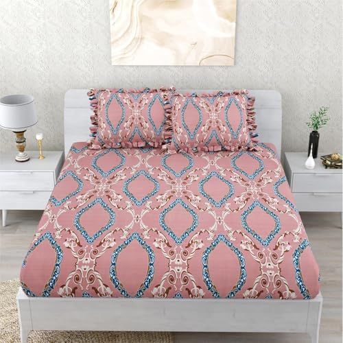 Image of 380 TC Premium Glace Cotton Elastic Fitted Bedsheet King Size with 2 Pillow Covers King Size | Double Bed with All Around Elastic (Pinkflower Frill, Fitted - 72 inchx78 inch King)