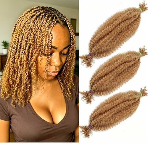 Afro Kinkys Bulk Human Hair 3 Packs 12 Inch Springy Afro Twist Human Crochet Boho Hair for Braiding (27#, 12 Inch)