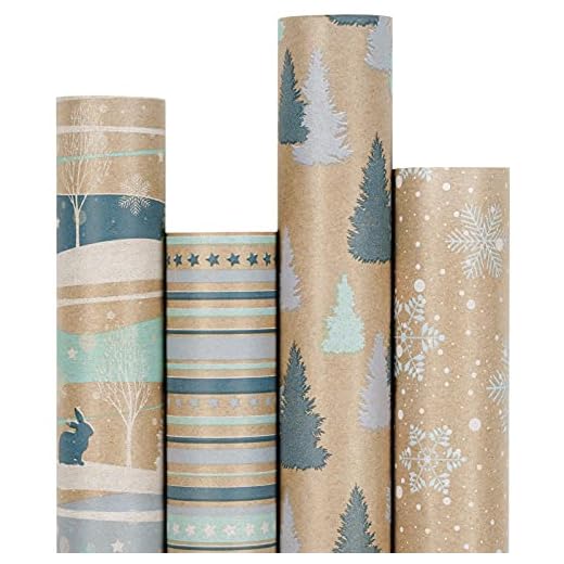RUSPEPA Papel de Regalo Navideño, Papel Kraft - Diseño Azul de Rudolf, Rayas Y Copos de Nieve - 4 Rollos - 76 cm X 305 cm Por Rollo